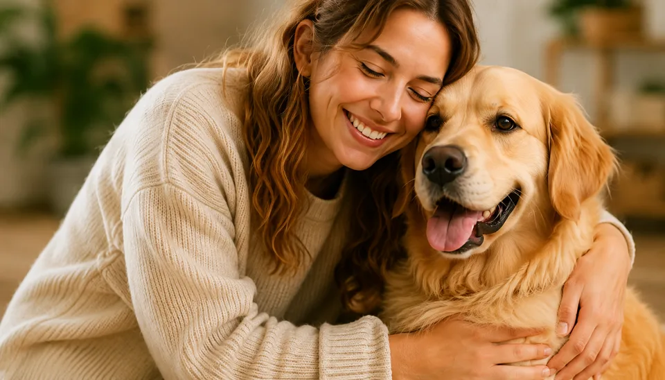 Χαρούμενος pet sitter αγκαλιάζει έναν σκύλο